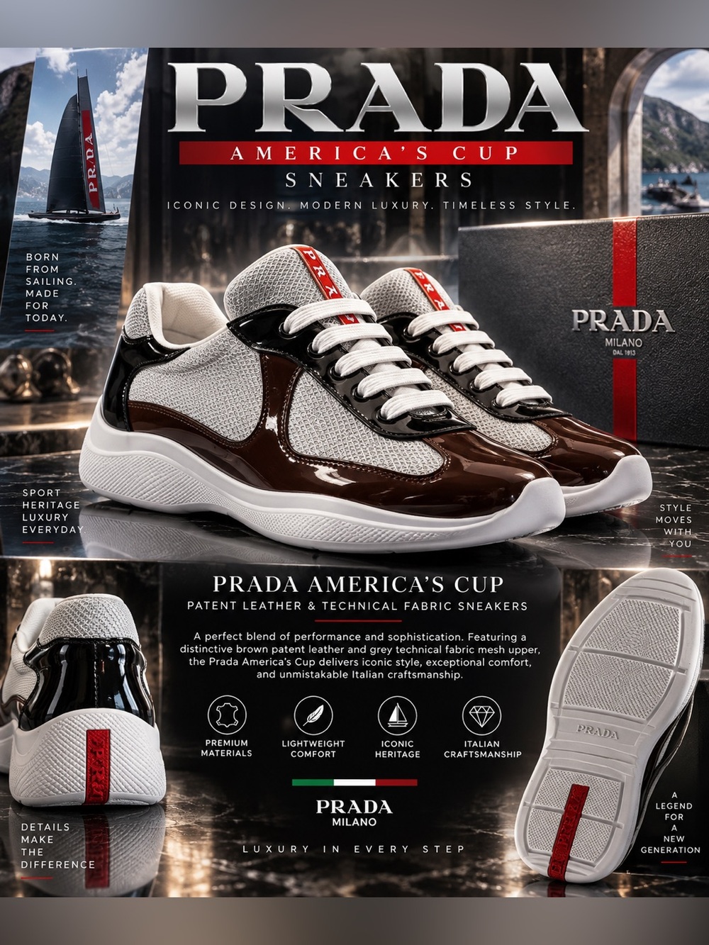 New!🔥Prada America's Cup sneakers, featuring a distinctive brown patent leather🔥